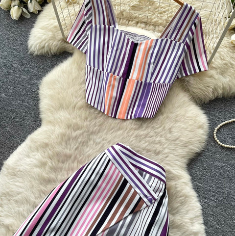 Striped Print Top & Trousers 2Pcs