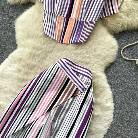 Striped Print Top & Trousers 2Pcs