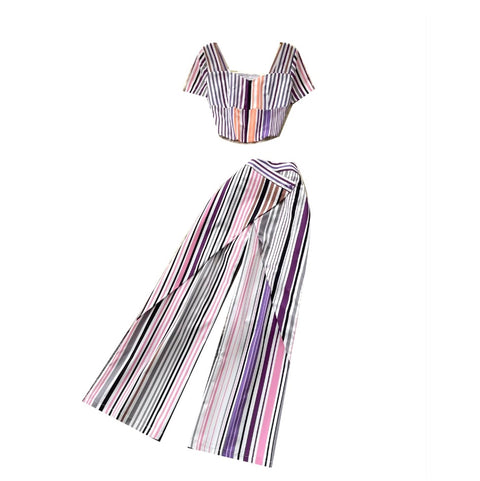 Striped Print Top & Trousers 2Pcs