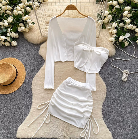 Cardigan & Bustier & Skirts White 3Pcs