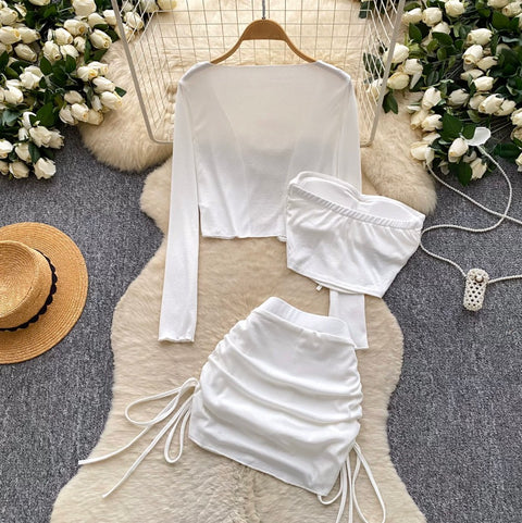 Cardigan & Bustier & Skirts White 3Pcs