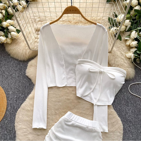 Cardigan & Bustier & Skirts White 3Pcs
