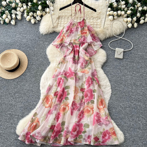 Holiday Pink Floral Halter Dress
