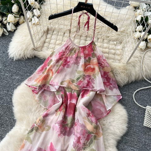 Holiday Pink Floral Halter Dress