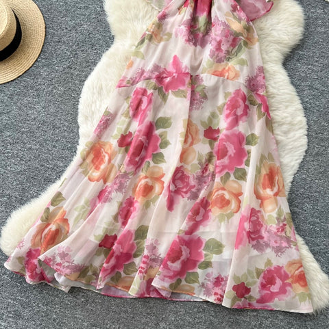 Holiday Pink Floral Halter Dress