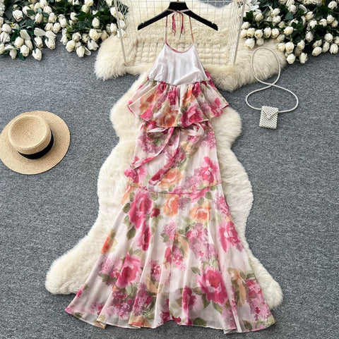 Holiday Pink Floral Halter Dress