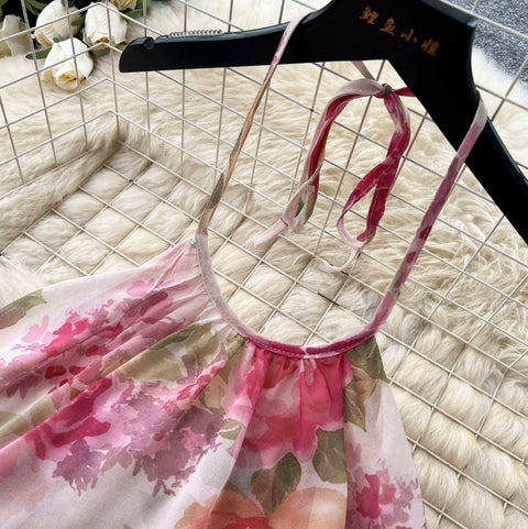 Holiday Pink Floral Halter Dress