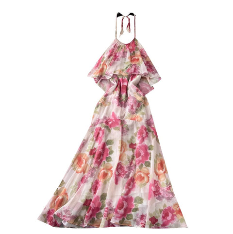 Holiday Pink Floral Halter Dress