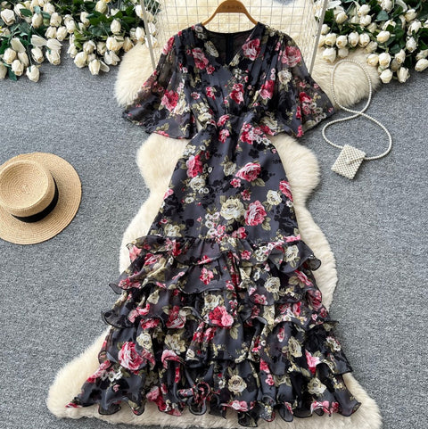 V-neck Layered Floral Print Dress