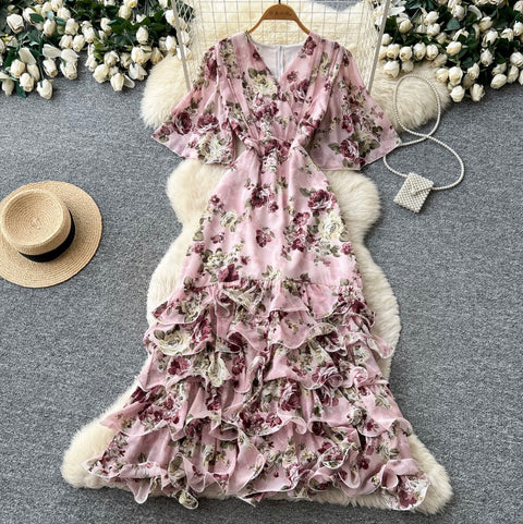 V-neck Layered Floral Print Dress