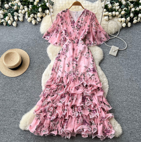 V-neck Layered Floral Print Dress
