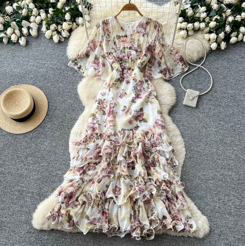 V-neck Layered Floral Print Dress