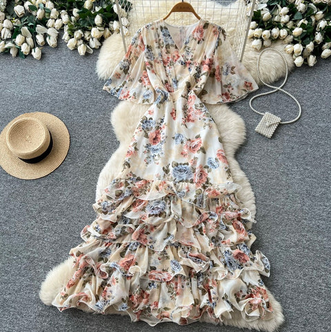 V-neck Layered Floral Print Dress
