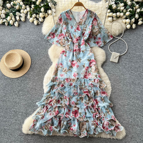V-neck Layered Floral Print Dress