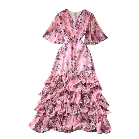 V-neck Layered Floral Print Dress