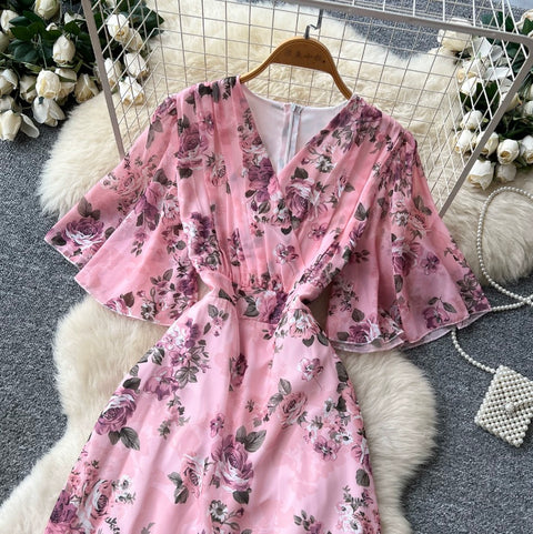 V-neck Layered Floral Print Dress