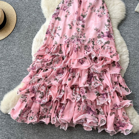 V-neck Layered Floral Print Dress