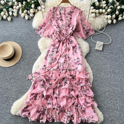 V-neck Layered Floral Print Dress