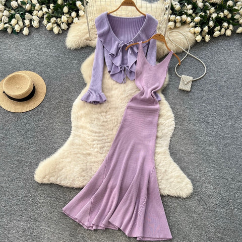 Cardigan & Slip Dress Simple 2Pcs