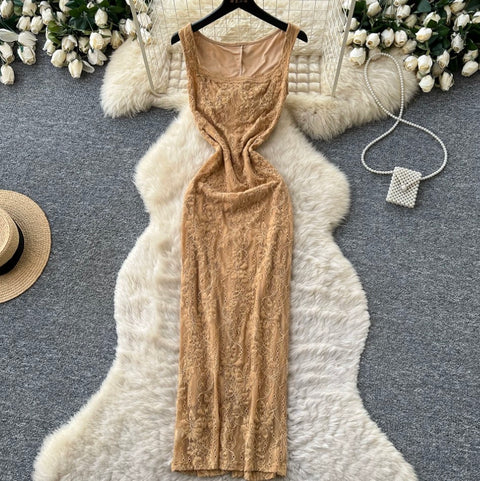 Elegant Hollowed Khaki Lace Dress