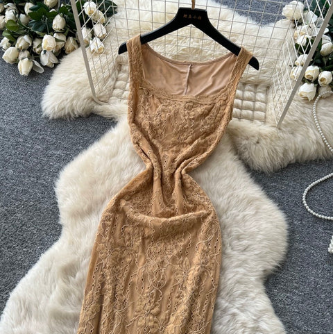 Elegant Hollowed Khaki Lace Dress