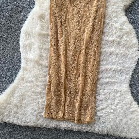 Elegant Hollowed Khaki Lace Dress