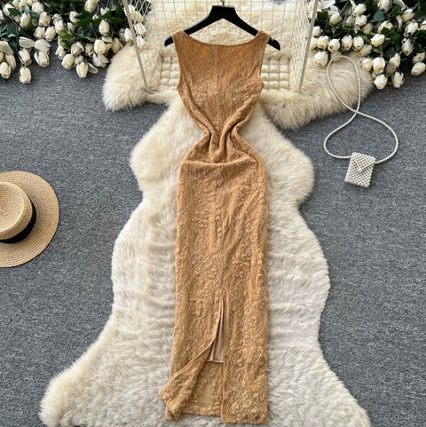 Elegant Hollowed Khaki Lace Dress