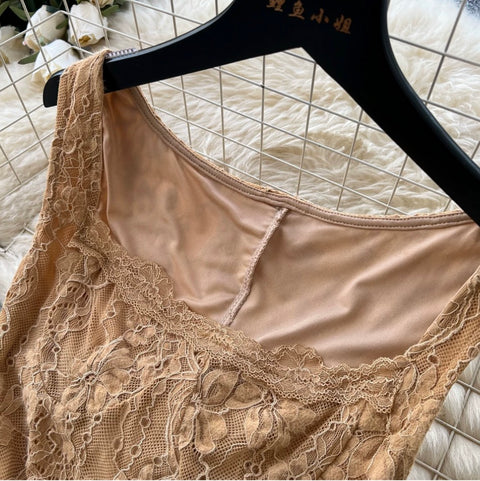 Elegant Hollowed Khaki Lace Dress