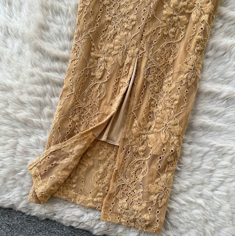 Elegant Hollowed Khaki Lace Dress