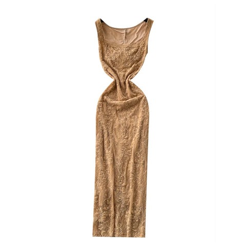 Elegant Hollowed Khaki Lace Dress