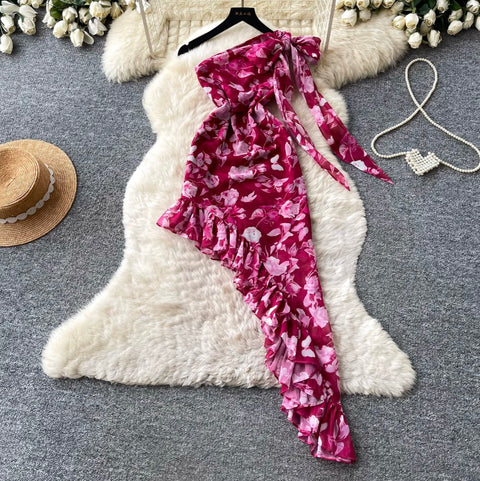 Irregular Design Printed Rose Red Dress