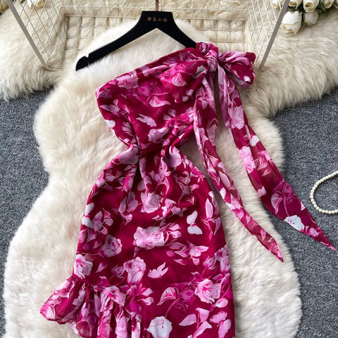 Irregular Design Printed Rose Red Dress