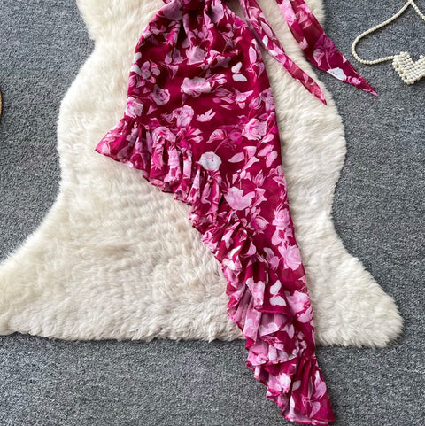 Irregular Design Printed Rose Red Dress