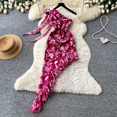 Irregular Design Printed Rose Red Dress