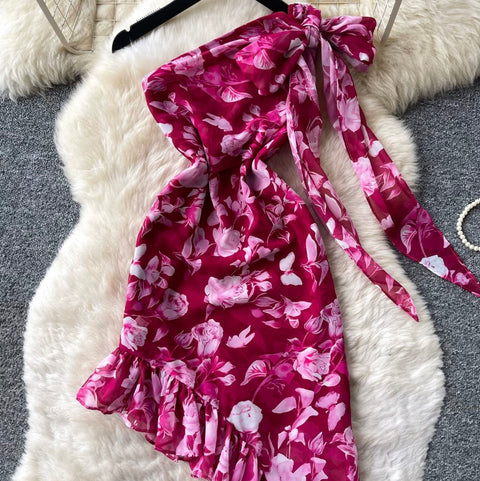 Irregular Design Printed Rose Red Dress