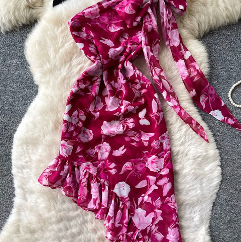 Irregular Design Printed Rose Red Dress