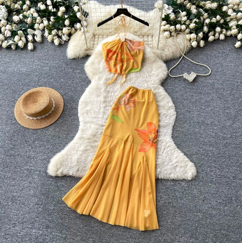 Yellow Floral Halter Top & Skirt 2Pcs