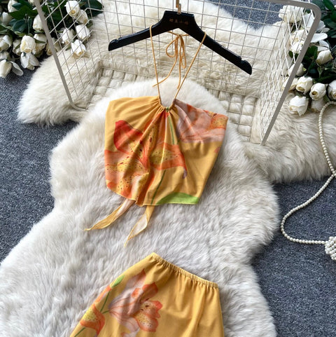 Yellow Floral Halter Top & Skirt 2Pcs