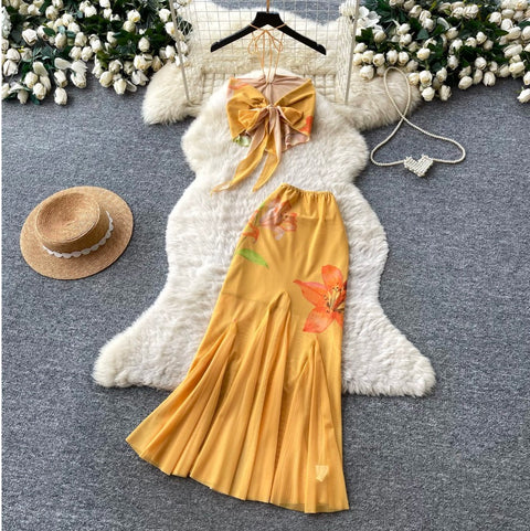 Yellow Floral Halter Top & Skirt 2Pcs