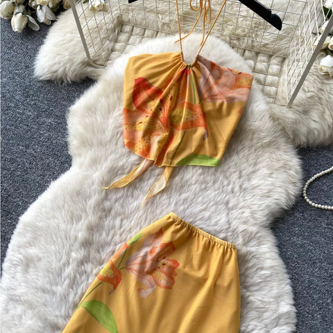 Yellow Floral Halter Top & Skirt 2Pcs