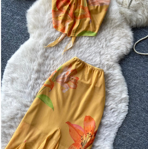 Yellow Floral Halter Top & Skirt 2Pcs