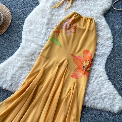 Yellow Floral Halter Top & Skirt 2Pcs