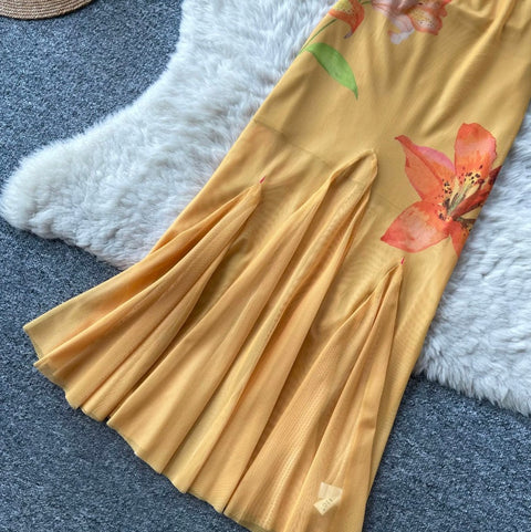 Yellow Floral Halter Top & Skirt 2Pcs