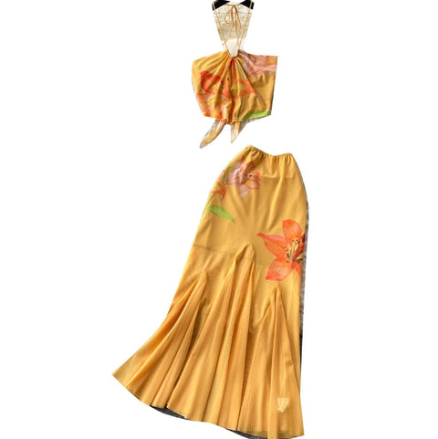 Yellow Floral Halter Top & Skirt 2Pcs