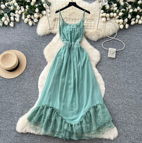 Backless Green Lace Patchwork Slip Dress
