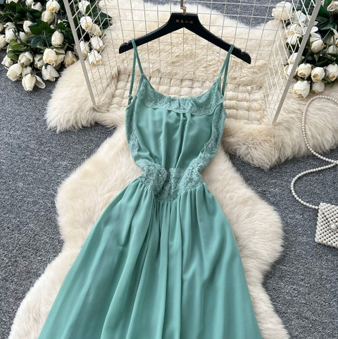 Backless Green Lace Patchwork Slip Dress