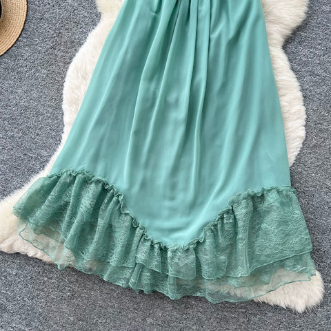 Backless Green Lace Patchwork Slip Dress