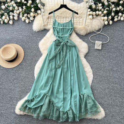 Backless Green Lace Patchwork Slip Dress