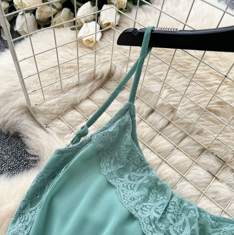 Backless Green Lace Patchwork Slip Dress