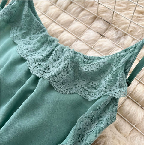 Backless Green Lace Patchwork Slip Dress